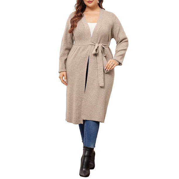Suéter cárdigan de mujer plus size Agnes Orinda, de punto, de manga larga, con cinturón, abrigo largo, 3X, caqui