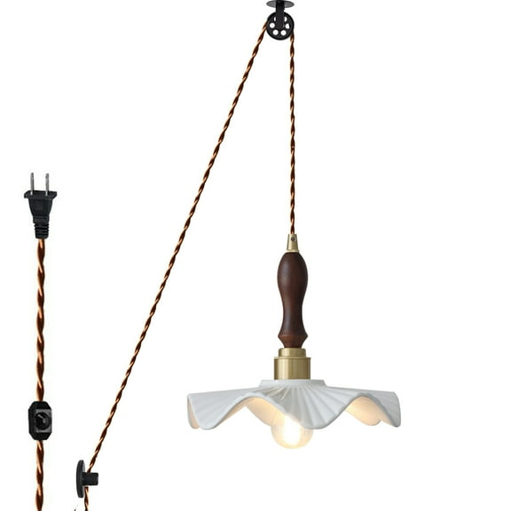 Kiven Plug in Pendant Light, Pulley Modern Hanging Light with Ceramic Lampshade and 15FT Cord, Dimmable Ceiling Pendant LightE26 Base