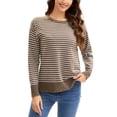 thumbnail image 1 of Suéter de punto a rayas para mujer ATHLECHIC, cuello redondo, holgado, con aberturas laterales, tops casuales de otoño L color café-blanco, 1 of 5