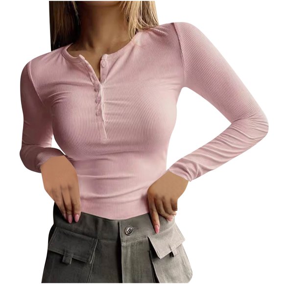 Chbgutlmr Womens Blouses Ribbed Knit Going out Tops Long Sleeve Button Slim Casual Stretchy Comfy Fall Tops