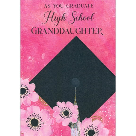 Designer Greetings Top of Grad Cap and Pink Flowers on Dark Pink High School Graduation Congratulations Card for Granddaughter
