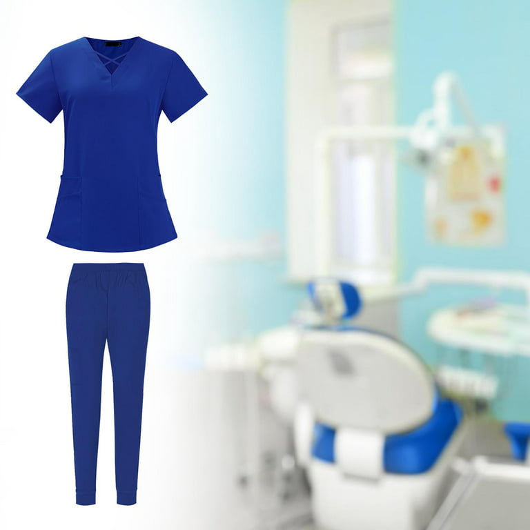 Nursing Scrub Set Top Pants Breathable Working Uniform for Nurse Yoga Jogger  Bright Blue S 