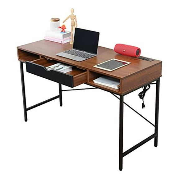 Pemberly Row Large Writing Desk w/ Drawer USB Ports Charging Station in Brown