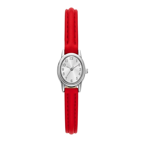 Time and Tru Women's Wristwatch, Silver Tone 19mm Oval Case, Silver Sunray Dial, Red Faux Leather Strap (FMDOTT114)