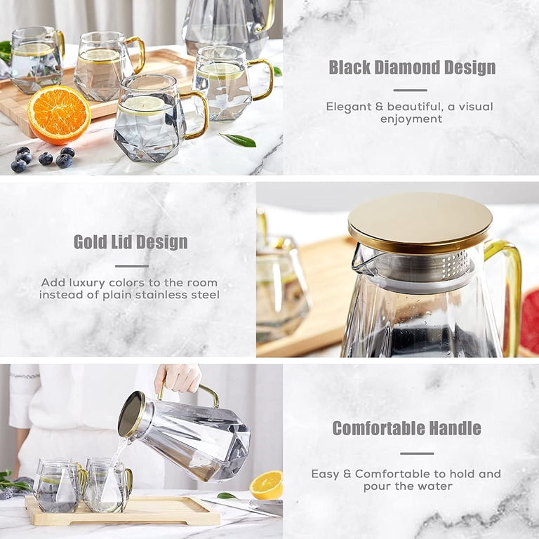 Black Diamond Glass Pitcher with 4 Cups, 1 Tray