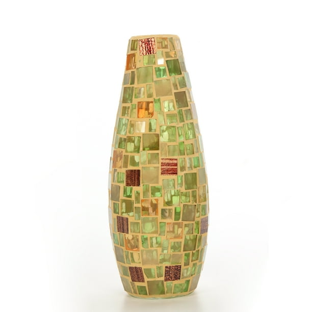 Elegant Expressions by Hosley Mosaic Glass Vase, Green and Amber