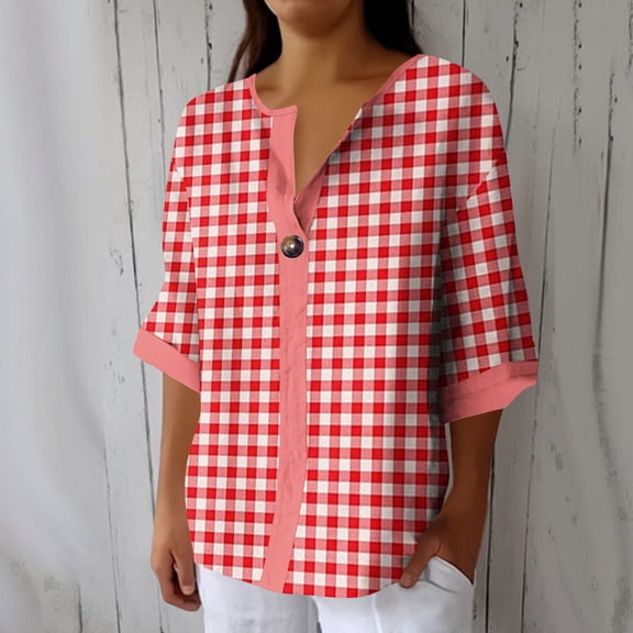 Craaazy Women Plus Size Tops Loose Fit Plaid V Neck Single Button 3/4 Sleeve Casual Shirts for Daily Wear Gift