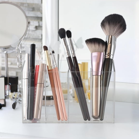Acrylic Desk Organizer with Removable Dividers, Clear Pen Holder Makeup Brush Holder
