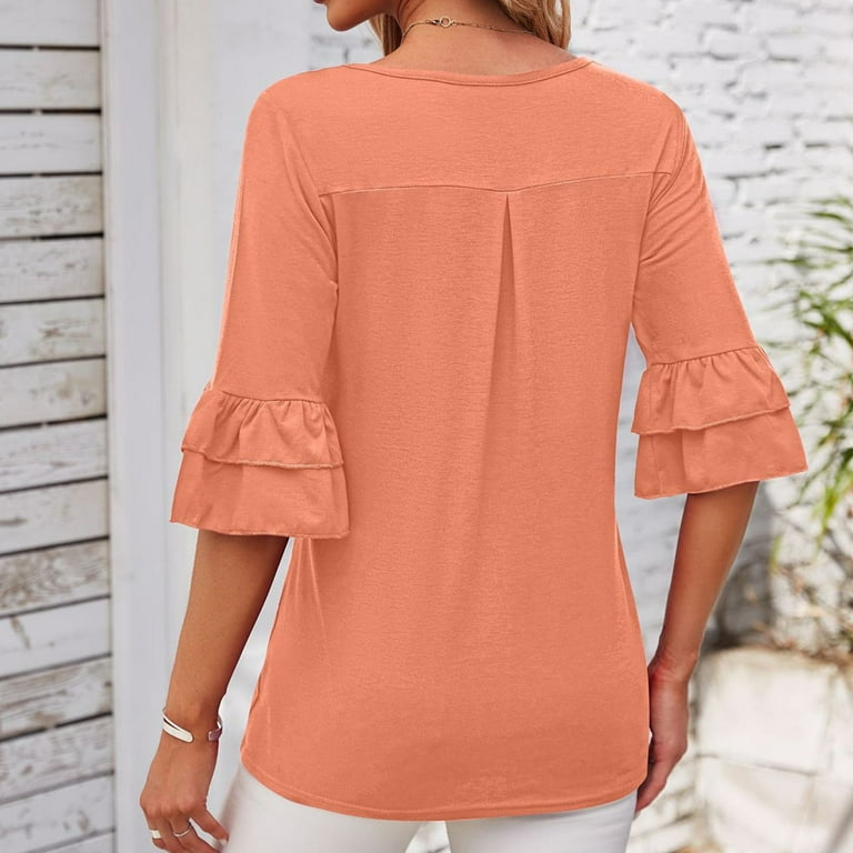 Ydkzymd Women Ruffle Tops Square Neck 3/4 Sleeve Blouses Lycra Pleated  Tunics 2024 Casual Shirts Orange M