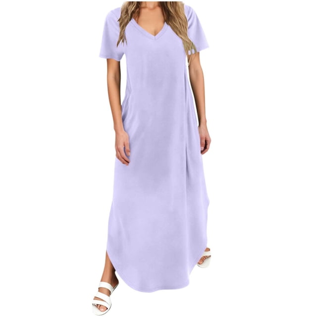 Vestido Corto para las Mujeres de Verano Color Sólido Cuello en V Vestido de Bolsillo de Manga Corta, Vestido de Verano Casual de las Mujeres para las Salidas de Primavera