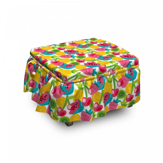 Fruits Ottoman Cover, Clutter of Summer Fruits, 2 Piece Slipcover Set with Ruffle Skirt for Square Round Cube Footstool Decorative Home Accent, Standard Size, Multicolor, by Ambesonne