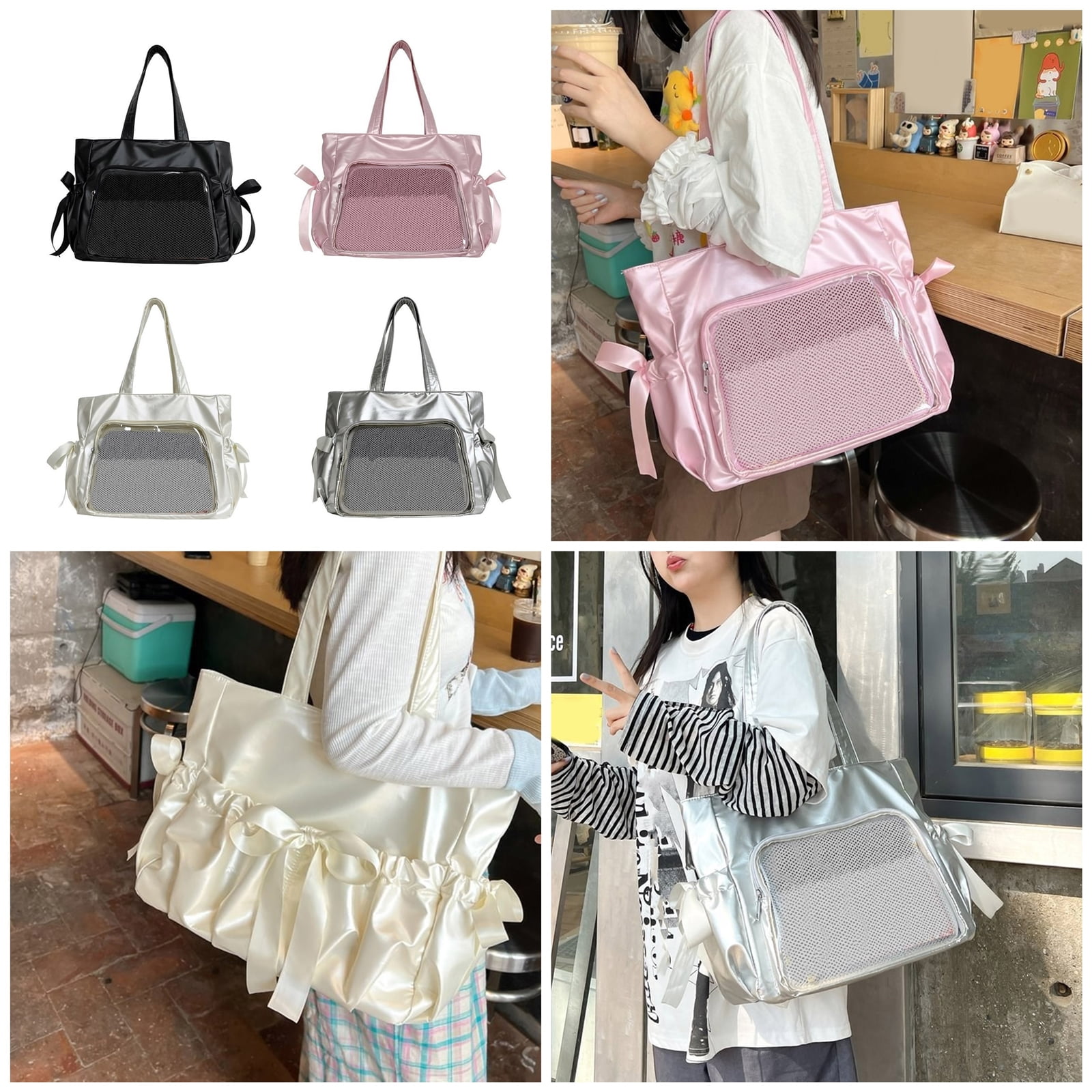 Unique Nylon Itabag with Clear Window Pin Display Bags Versatile Shoulder Purse Casual Handbag for Daily Use and Cosplay