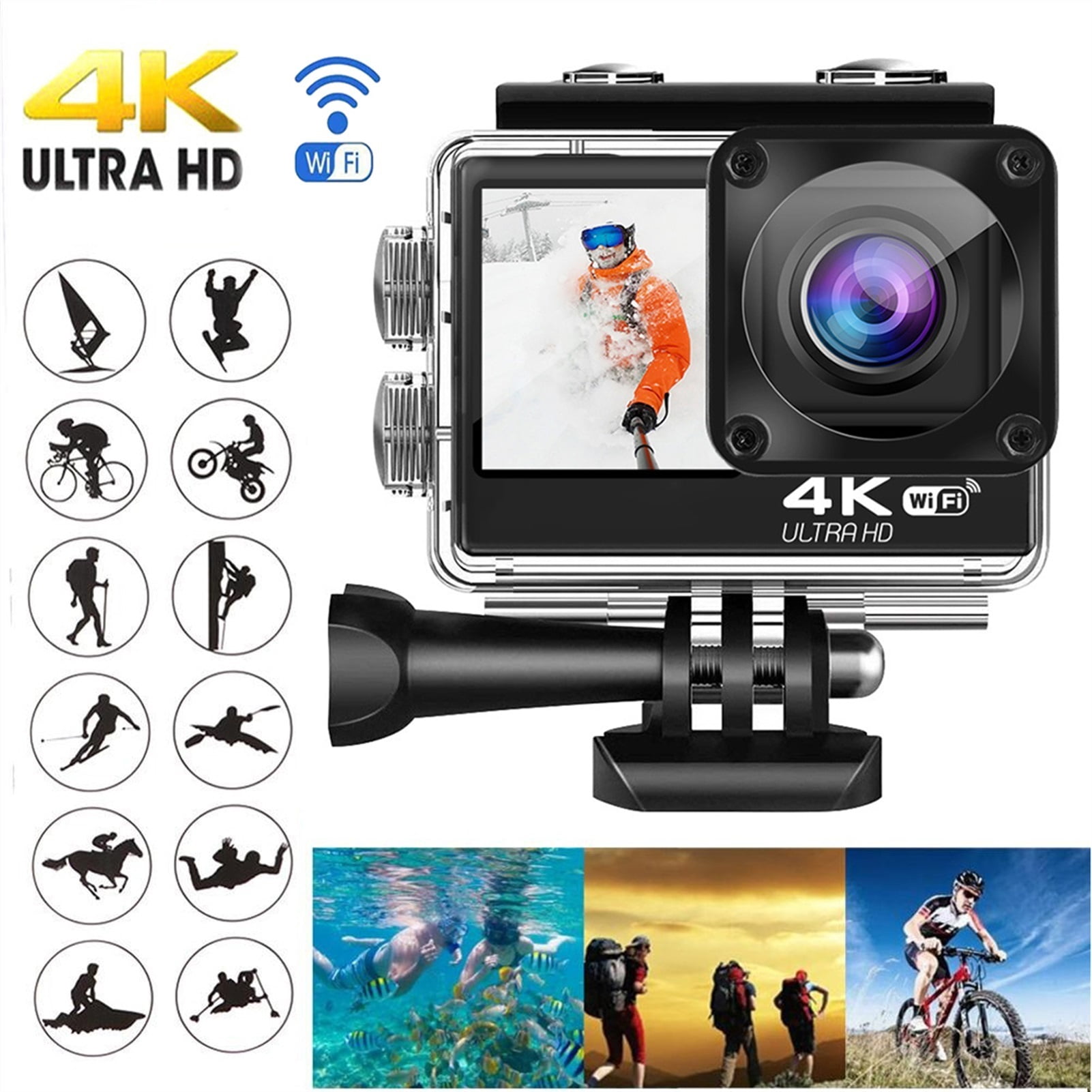 Professional EIS Action Camera 4K, 60fps 24MP WiFi 2.0'', Dual Touch LCD Screen Waterproof Camera, 4X Zoom Video Recorder Sport Cameras ,Easy to Use