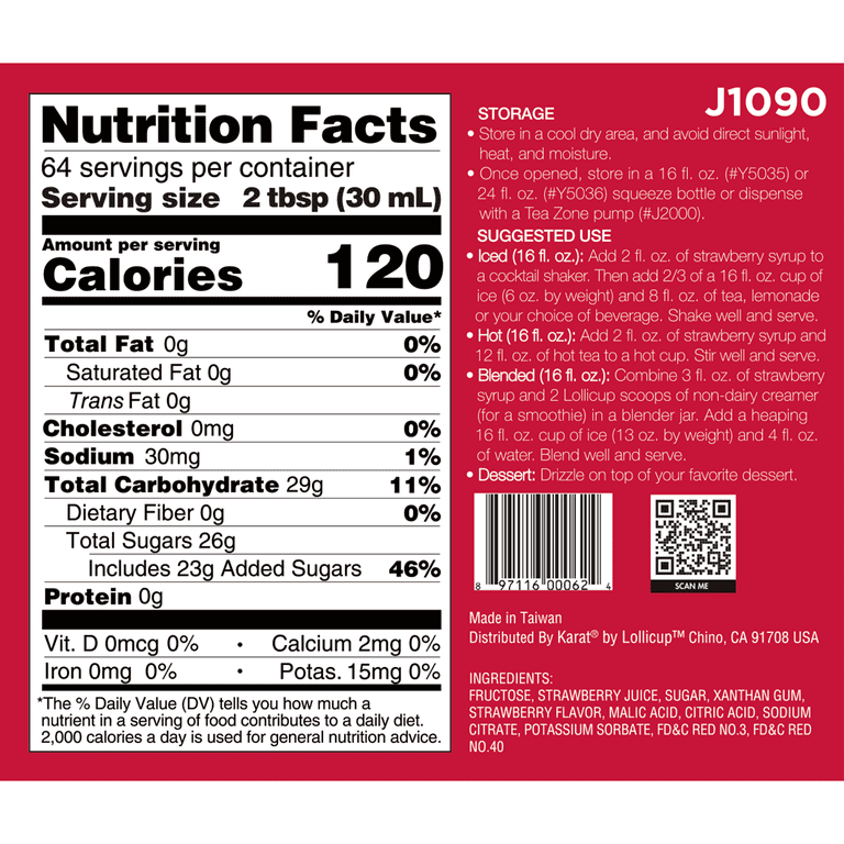 Tea Zone Strawberry Real Fruit Syrup, 64 Fl. Oz., Ideal for Drinks