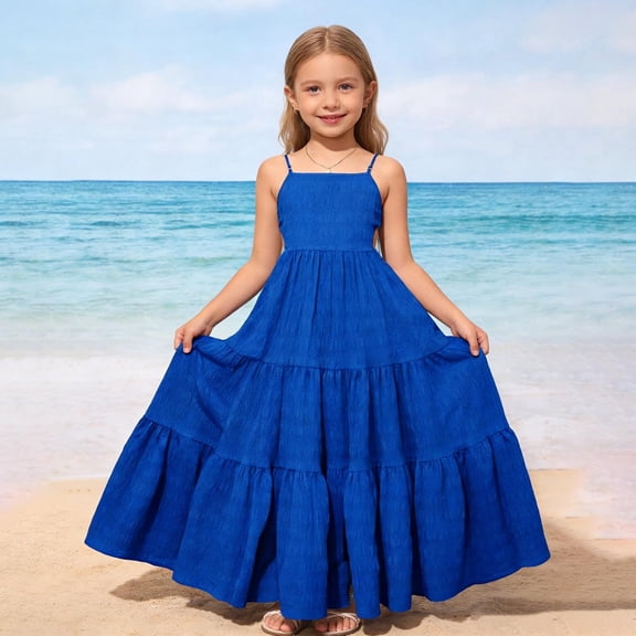 OOOUM Girls Sleeveless Cami Long Dress Solid Color Strap Tiered Sundress Spaghetti Strap Flowy Summer Beach Long Dresses Blue 11-12 Years
