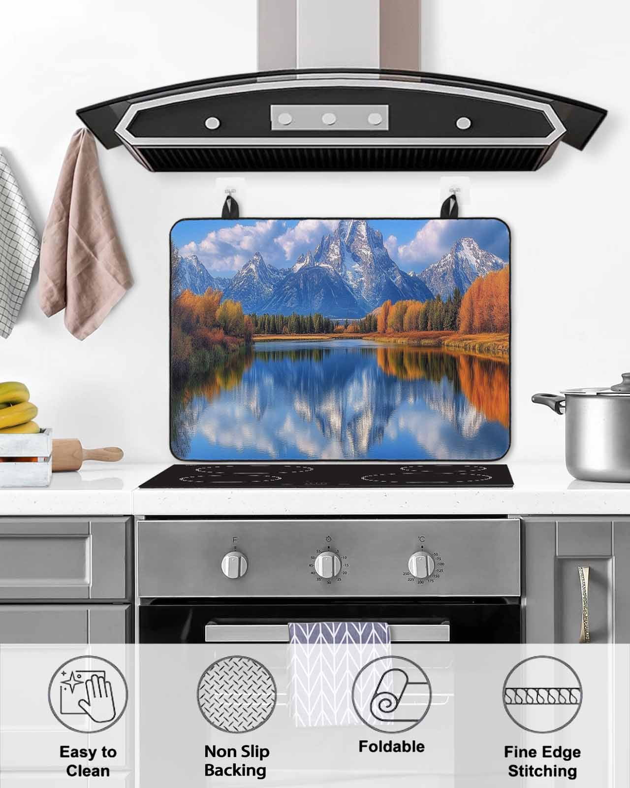 nqOlkjepod Large Induction Cooktop Protector Mat 24"x21", Blue Mountain Stove Top Covers for Electric Stove, Modern Art Yellow Trees Lake Decorative Stove Burner Cover Mats, Glass Top Stove Cover