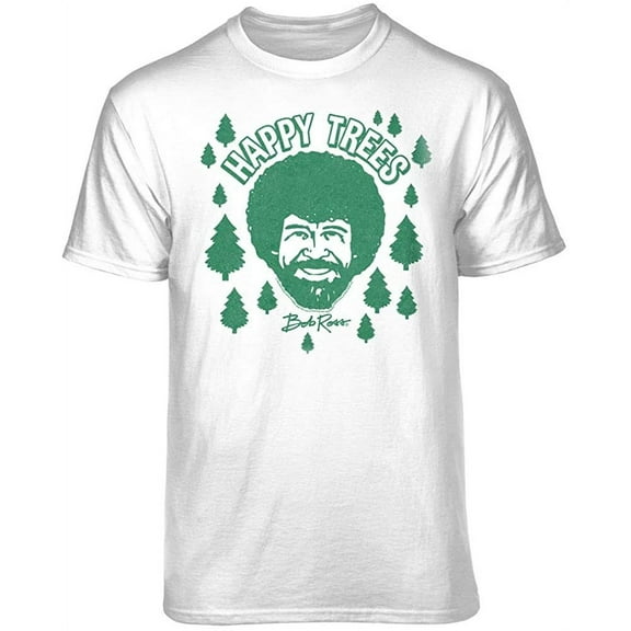 Teelocity Bob Ross Happy Trees Cartoon Graphic T-Shirt (Small - Standard Fit, White)