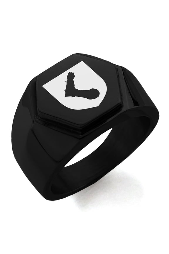 Stainless Steel Arm Armor Leadership Coat of Arms Shield Engraved Hexagon Crest Flat Top Biker Style Polished Ring