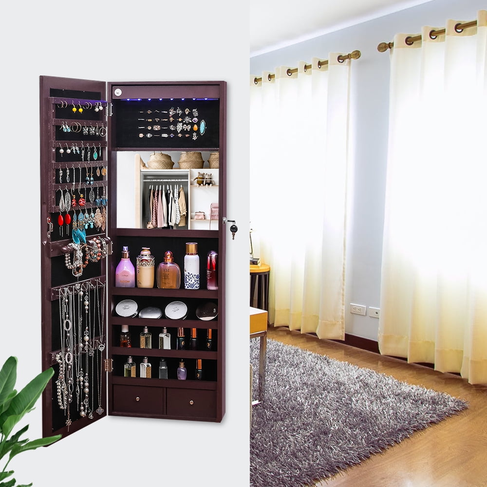 Kepooman Full Mirror Wooden Wall Mounted 4-Layer Shelf 2 Drawers With Inner Mirror 8 Blue Led Light Jewelry Storage Mirror Cabinet - Dark Brown Kepooman Full Mirror Wooden Wall Mounted 4-Layer Shelf 2 Drawers With Inner Mirror 8 Blue Led Light Jewelry Storage Mirror Cabinet - Dark Brown