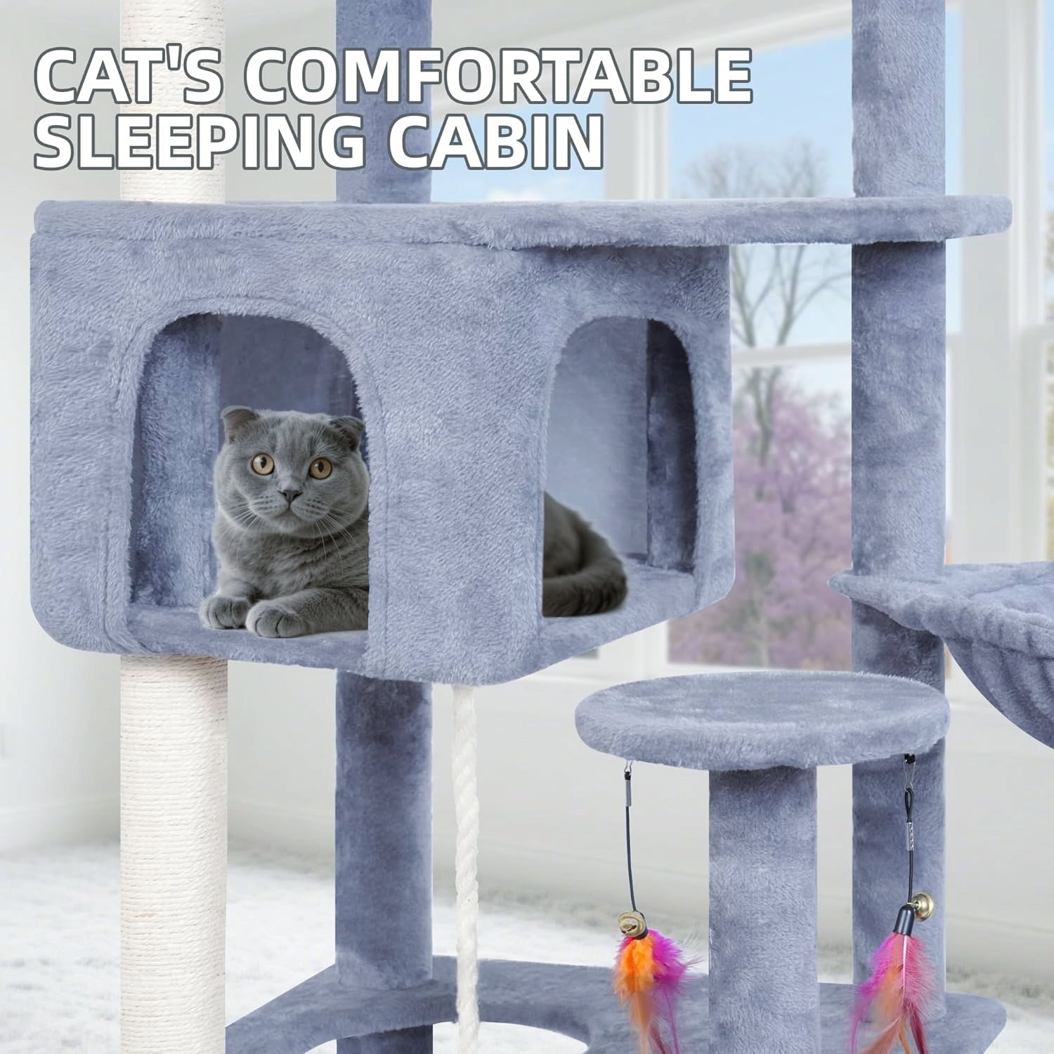 Big Cat Tree with Multi-Level Condo and Hammocks in Grey, 63.4 Inches Tall