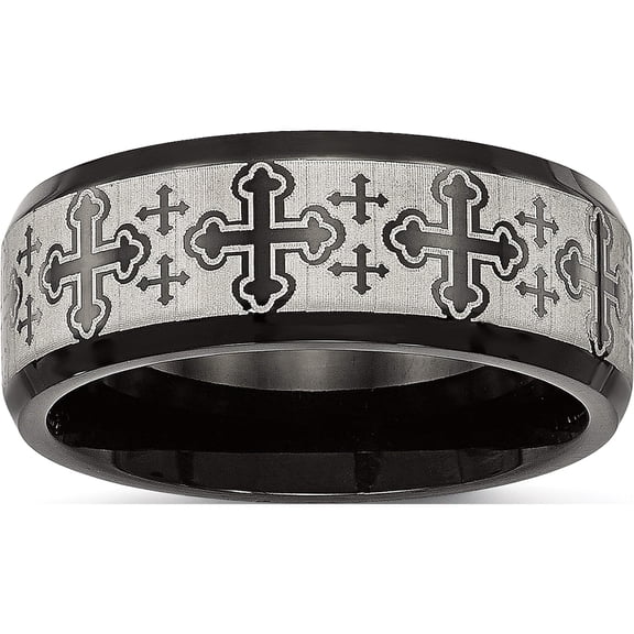 Stainless Steel Brushed/Polished Black Ip Laser Etched Crosses 8mm Band (Size 7) Made In China sr589-7