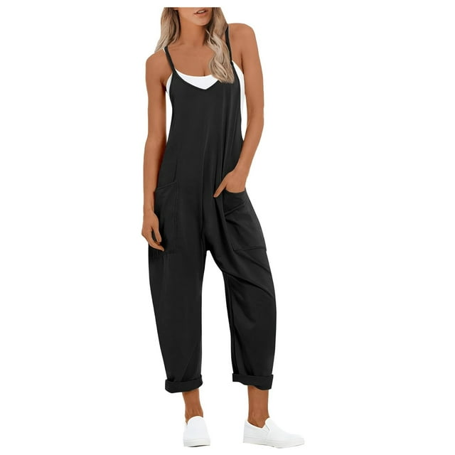 Womens Casual Summer Jumpsuit Sleeveless Loose Solid Comfortable Strap Design with Pockets for Effortless Style