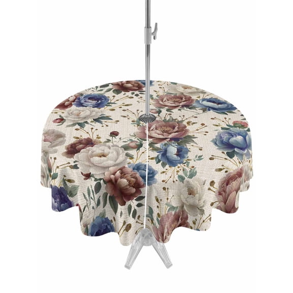 Outdoor Tablecloths with Umbrella Hole & Zipper, Spring Flowers Round Tablecloth 54 Inch, Farmhouse Botanical Seasonal Floral Herbs Waterproof Table Cloth, Patio/Pool/Picnic Table Covers