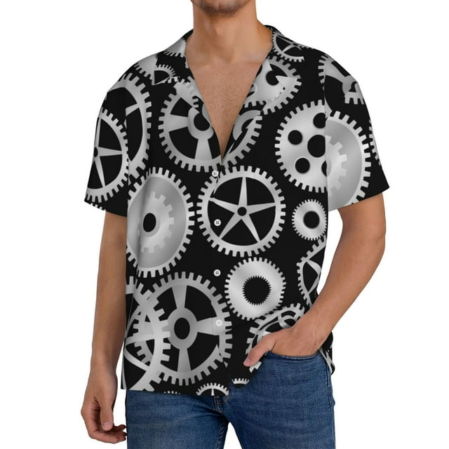 Xecao Metallic Gears Pattern Men's Short-Sleeve Cuban Collar Button-Down Shirt with Chest Pocket Lightweight Tropical Vacation Shirt-Small