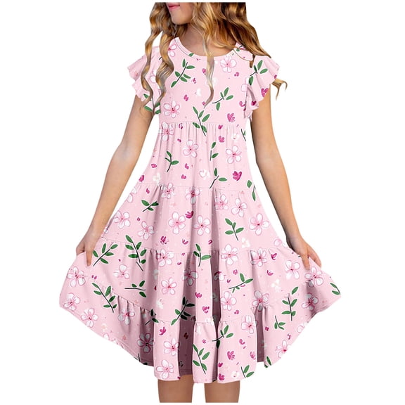 Riecok Summer Dress for 6 - 15 Year - Old Girls: Short - Sleeved Round - Neck, Easter Print, Waist - Tightening, Pocketed and Tiered Multicolor 6-7 Years