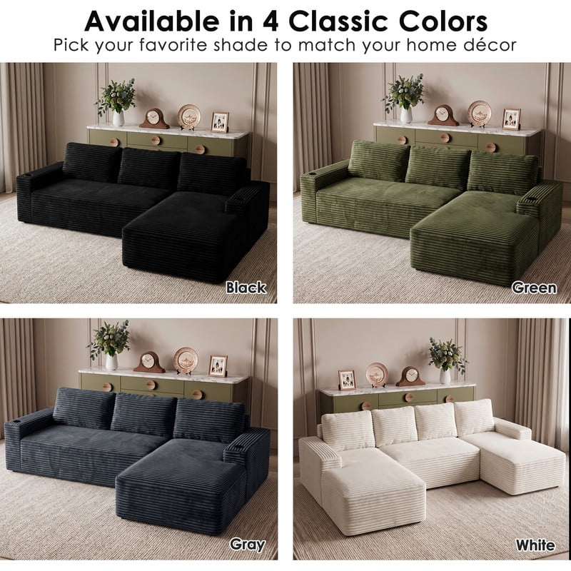 Anpport 104" Boneless Cloud Modular Sectional Couch, Corduroy Sofa with Cup Holders, Side Pockets, Deep Seat, No Assembly Required for Living Room, Green (R‑Shaped, Right Facing Chaise)