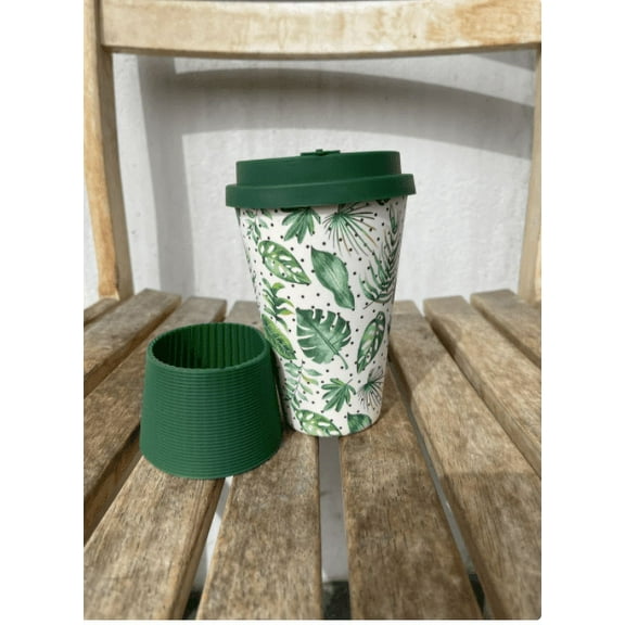 Monstera Houseplant Tropical Jungle Foilage Eco-Friendly Plant Fiber Travel Mug, 14 oz.  (with polka dots)