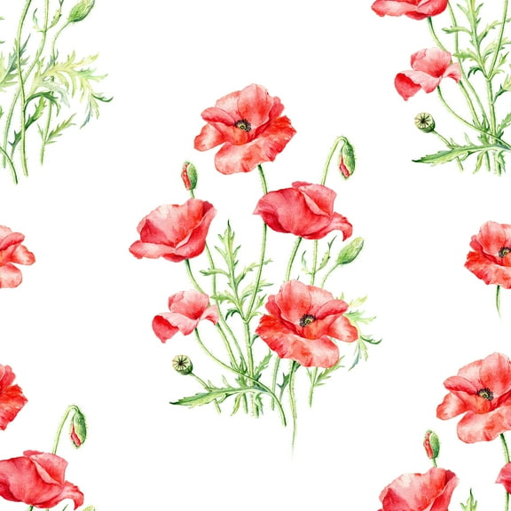 Wildflowers and Red Poppies Peel and Stick Wallpaper 10'L x 24''W