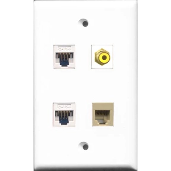 RiteAV 1 Port RCA Yellow and 1 Port Phone RJ11 RJ12 Beige 2 Port Cat5e Ethernet White Wall Plate