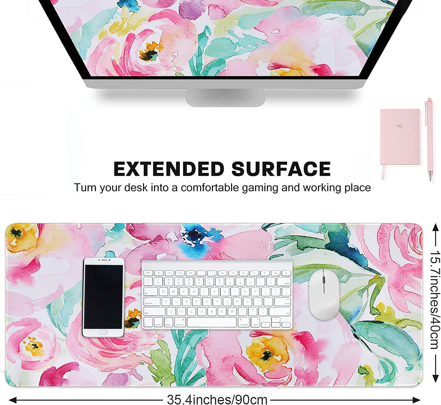 Floral Desk Mat, Extra Large Mouse Pad Gaming, XXL Computer Mousepad with Non Slip Base, Desk Pad Large, Keyboard Matt for Office Decor, Desktop, Girls, Women, Pink Colorful Peony Flower