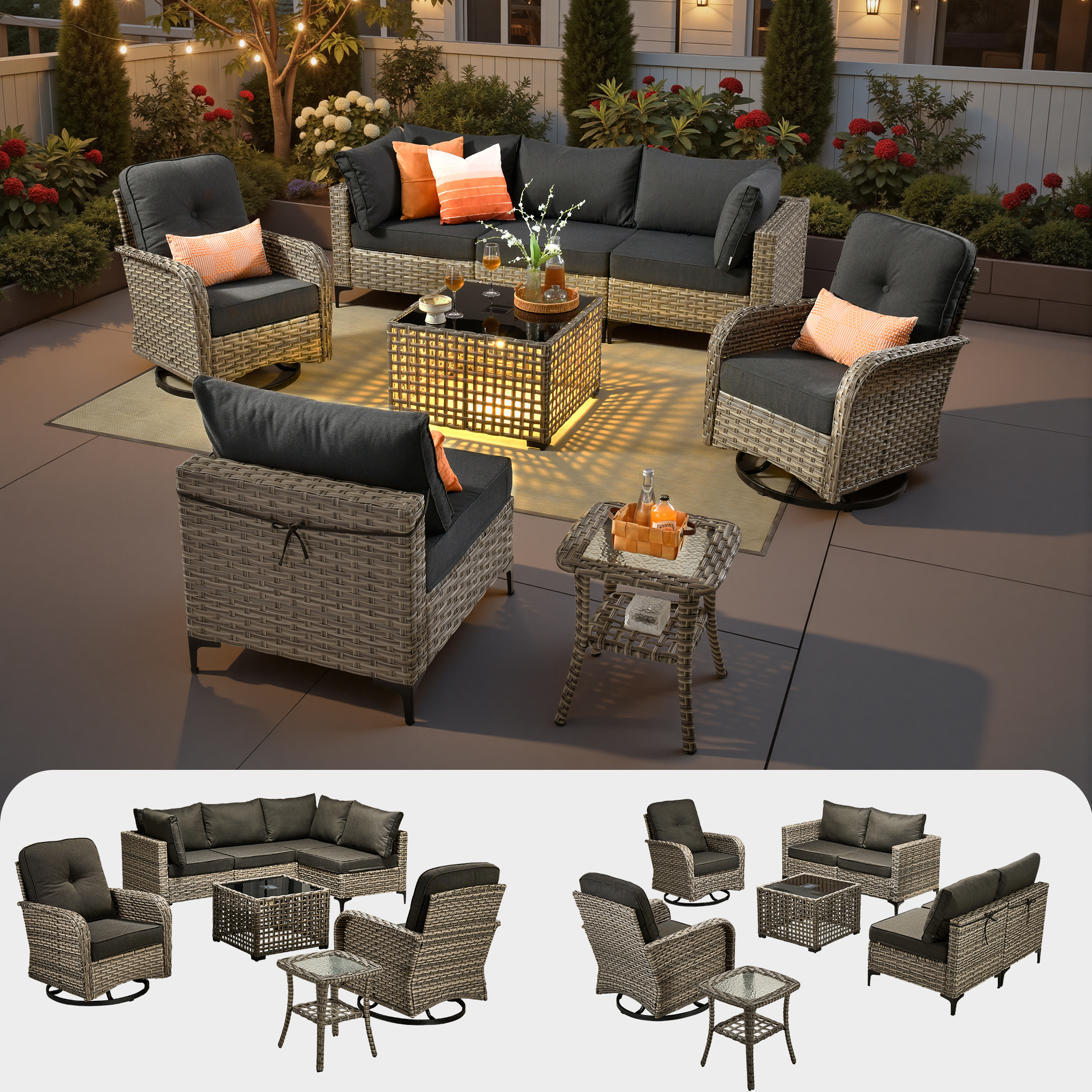 Ovios 8 Pieces Patio Furniture Outdoor Conversation Set Rattan Wicker Outside Sectional Sofa with Swivel Chairs & Solar Light Table, Black
