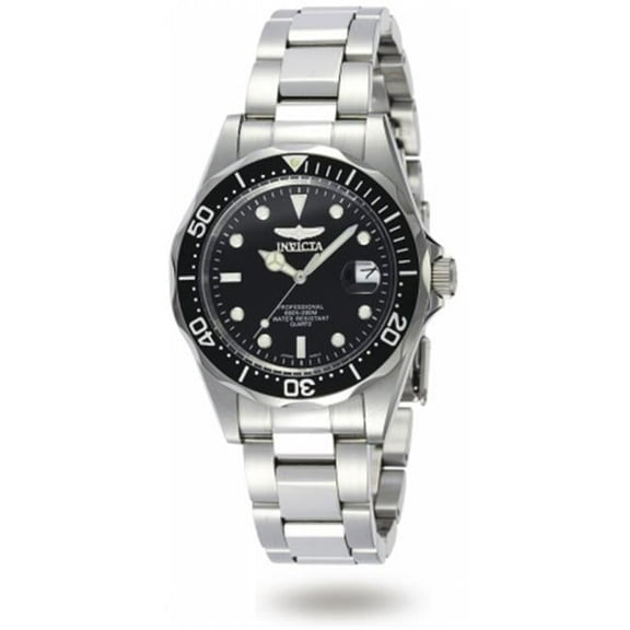 Invicta  Mid-Size Quartz Pro Diver in all Stainless Steel on Bracelet With a Black Dial and Bezel Watch