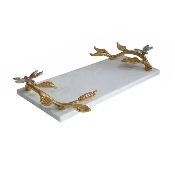 CC Home Furnishings Rectangular Marble Tray with Dragonfly Handles - 15.5"