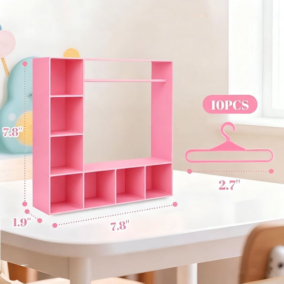 Mini Doll Wardrobe Display Organizer, Open Storage Rack with Hangers for Dollhouse Accessories, Decorative Furniture for Doll Clothes Jewelry Collection, Scratch-Resistant Desktop Display Cabinet