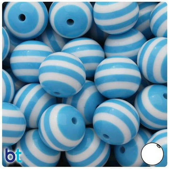 BeadTin Light Blue & White Striped 20mm Round Resin Beads (10pcs)
