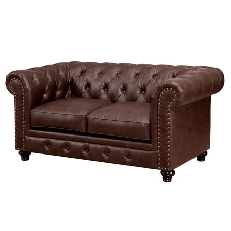 Furniture of America Villa Tufted Tuxedo 2-seater Loveseat Sofa in Faux Leather Brown