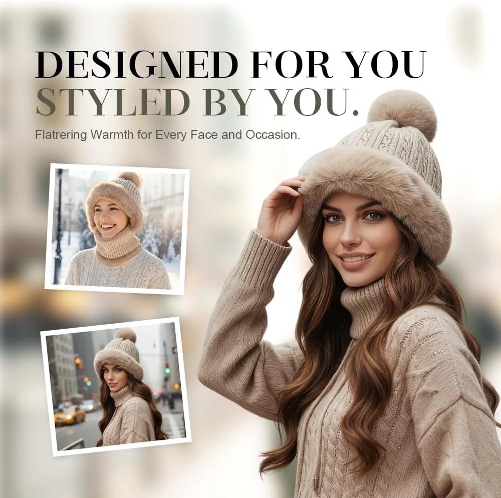 ABPETE 3 in 1 Beanie Hat for Women, Windproof Balaclava Scarf with Face Cover,Winter Outdoor Knitted Ski Scarf and Mask Set