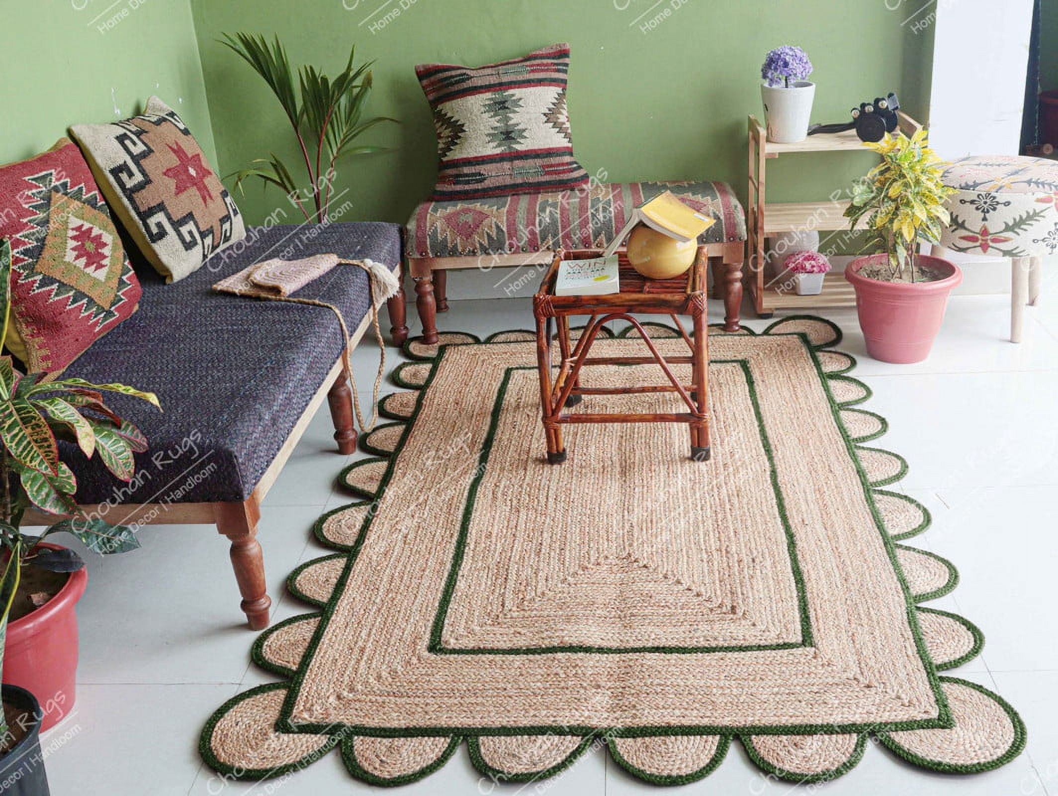 Area Rug Natural Jute Hand Braided Rug Green Scalloped Runner