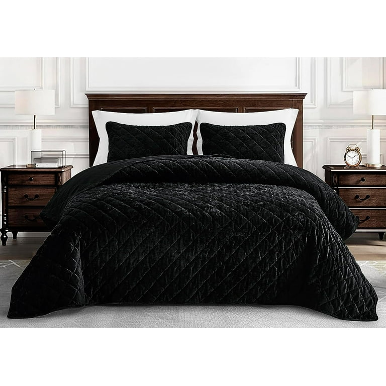 Chezmoi Collection Lux Black Velvet Quilt King Set 3 Piece Lush Plush Distressed Velvet Bedding All Season Lightweight Comforter Brushed Microfiber