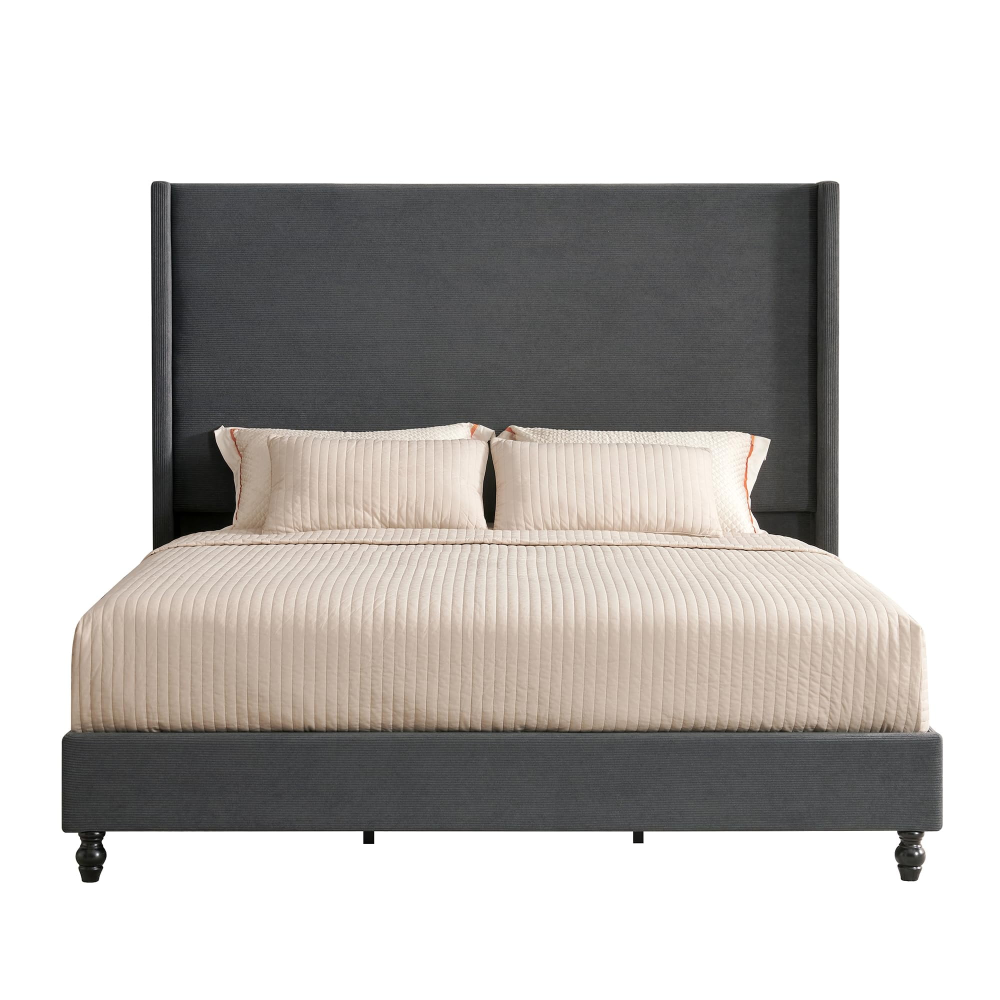 VanAcc King Bed Frame with 65" Tall Headboard, Horizontal Fine Corduroy Bed Frame with Upholstered Wingback, Vintage Solid Wood Gourd Legs, Black