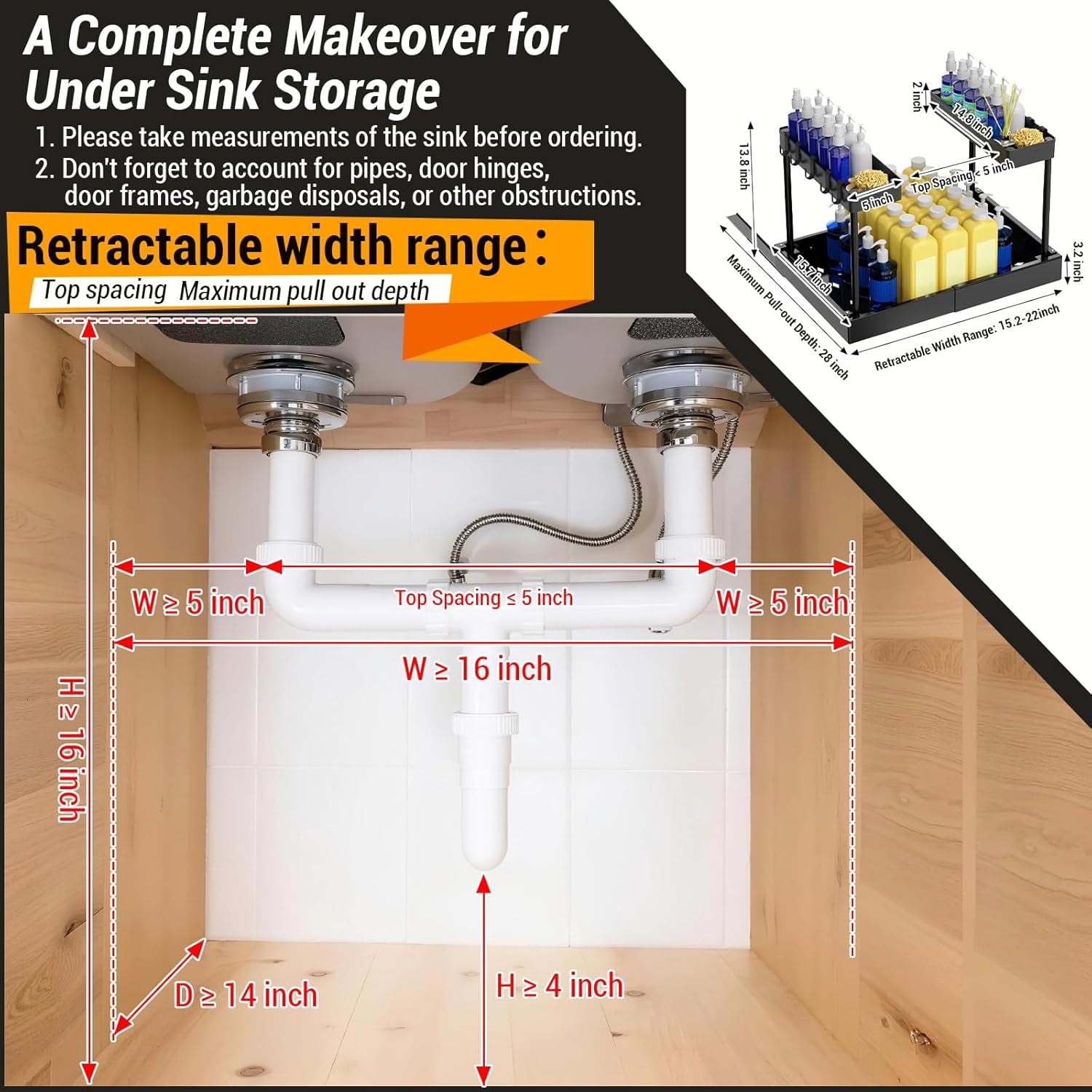 Expandable Under Sink Organizers and Storage, 2 Tier Pull Out Cabinet Organizer with 3 Ball-Bearing Slides, Metal Slide Out Drawers for Kitchen Bathroom, White