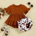 thumbnail image 2 of Odeerbi Baby Boy Girl Clothes Toddler Outfit 2025 Fashion Solid Color Ruffles Short Sleeve Top Leopard Print Shorts Suit Brown, 2 of 9