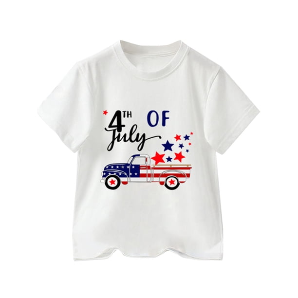Gibobby Camisas De Vestir Camisetas con estampado de camionetas con texto del 4 de julio para niños pequeños, camiseta con bandera americana, camisetas de manga corta patrióti(Blanco, 6-7 Años)