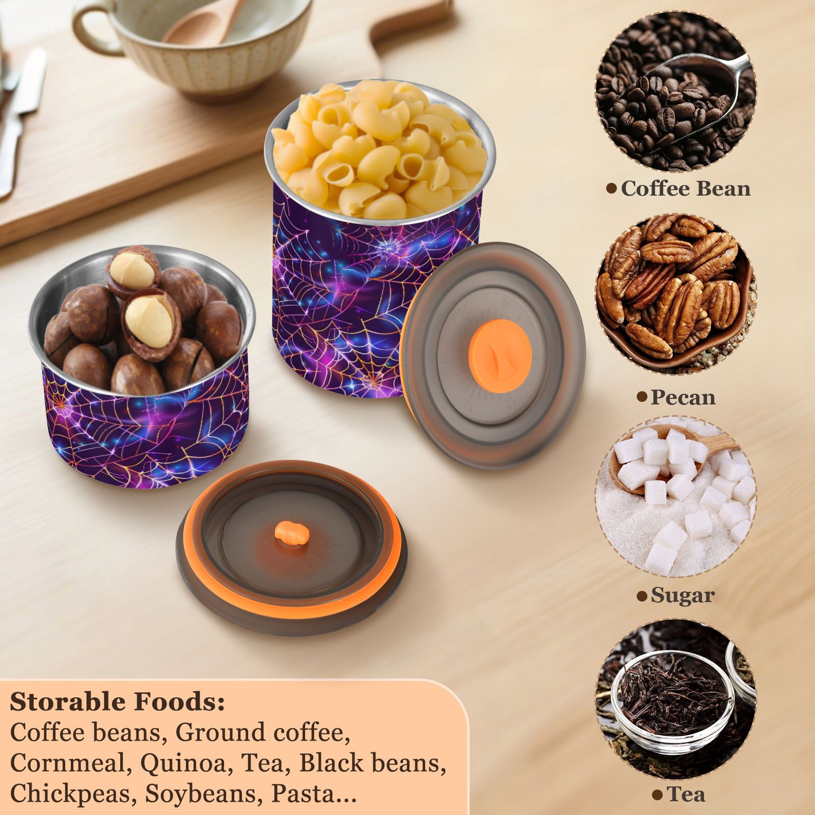Halloween Purple Spider Airtight Coffee Bean Canister 30oz Food Storage Containers with Lids For Gournd, Tea, Sugar, Flour, Rice, Cereal, Candy Cookie Jar