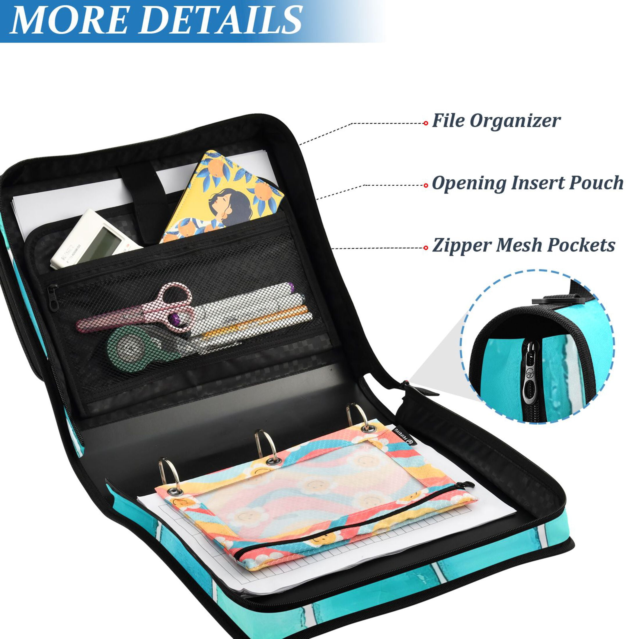 ALAZA Zipper Binder Turquoise Checkered 3 Ring Trapper Keeper File Folder Organizer Bag