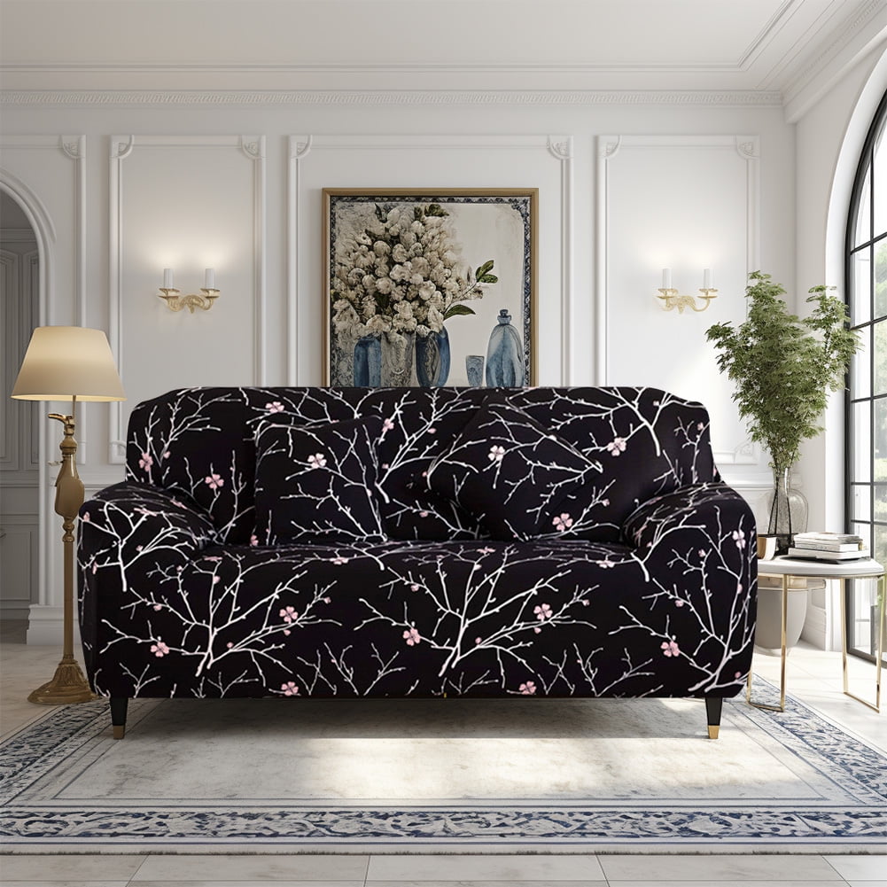Neween Sofa Cover High Stretch Elastic Fabric 1 2 3 Seater Sofa Slipcover Chair Loveseat Couch Cover Polyester Spandex Furniture Protector Cover with 1 Pillowcase (3 Seater, Black Pattern)